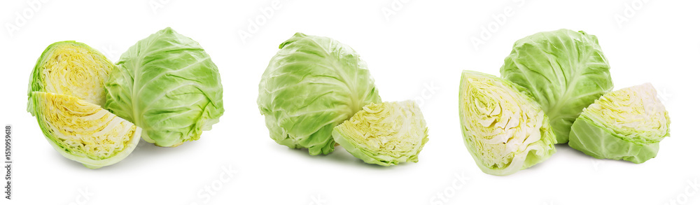 Fototapeta premium Fresh ripe cabbages on white background, set
