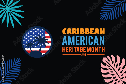 Caribbean american heritage month celebration with us flag and palm trees june design
