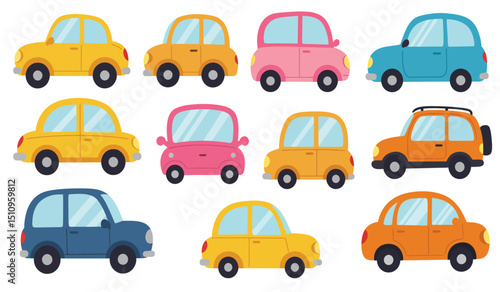 Flat cars. Cartoon vehicle side view. Taxi, minivan, mini car, suv and pickup truck. City auto transport icons. Automobile design vector set. City transportation objects isolated on white