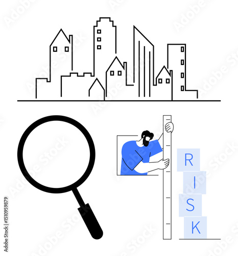 Magnifying glass analyses city skyline professional evaluates risk using blocks and measurement scale. Ideal for analysis, urban planning, risk management, evaluation, data, business strategy, simple