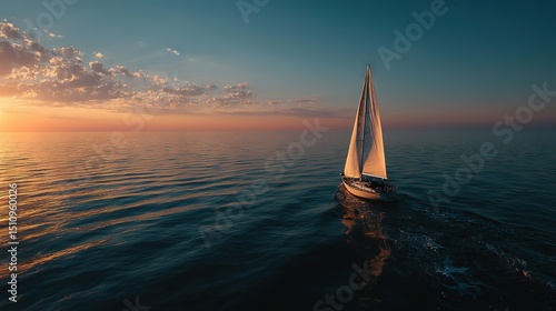   A sailboat glides through vast waters as the sun descends beyond the horizon, casting golden hues across the sky