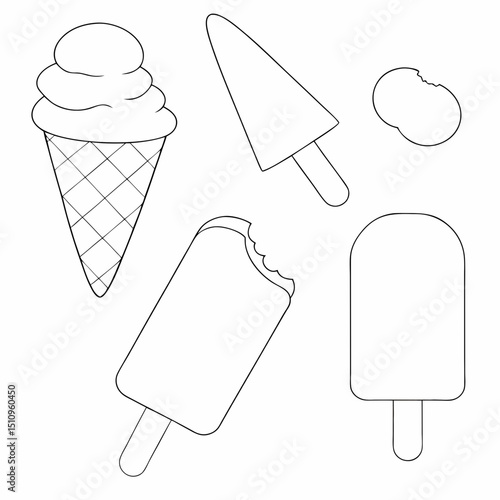 Ice cream set coloring page simple and minimal line art illustration on white background