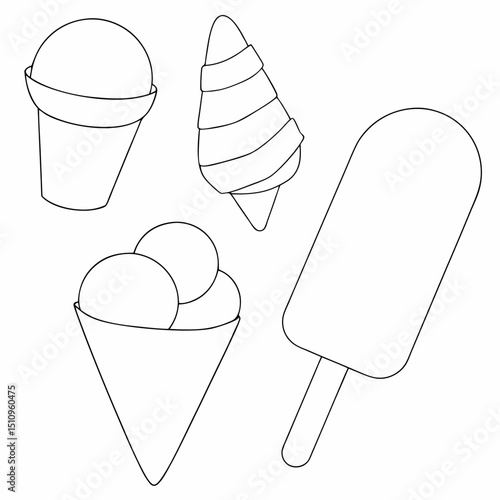 Ice cream set coloring page simple and minimal line art illustration on white background