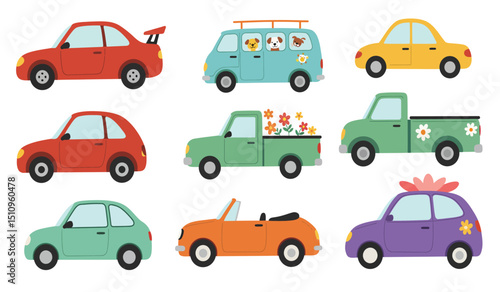 Flat cars. Cartoon vehicle side view. Taxi, minivan, mini car, suv and pickup truck. City auto transport icons. Automobile design vector set. City transportation objects isolated on white
