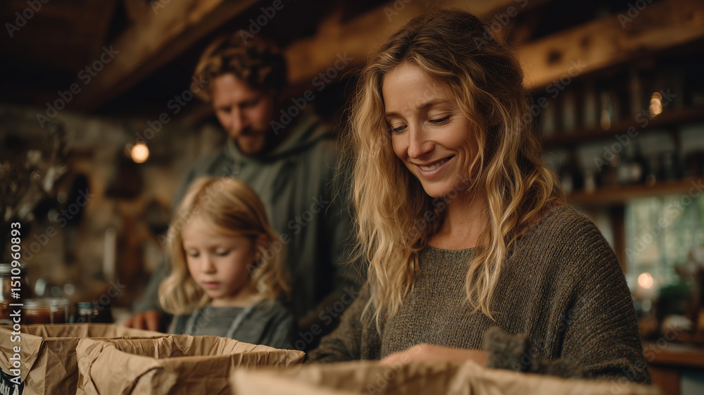 Obraz premium Family engages in eco-friendly waste sorting in a cozy cabin atmosphere