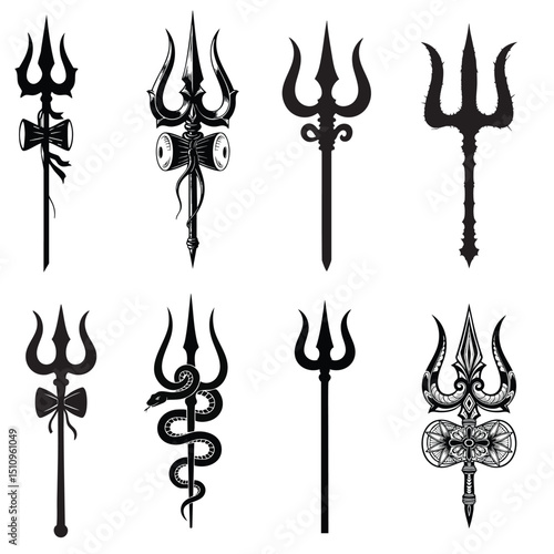 Tribal Trishul Tattoo Designs: A Collection of Eight Unique and Symbolic Trident Artworks.