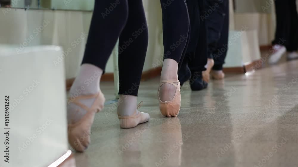 Close-up of dancers' feet in black pants and slippers, practicing elegant choreography on a polished studio floor. Their synchronized movements reflect dedication and grace in rehearsal. Close-up of dancers' feet in black pants and slippers, practicing elegant choreography on a polished studio floor. Their synchronized movements reflect dedication and grace in rehearsal.