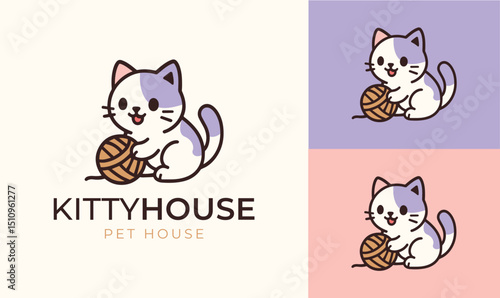 Cat Pet House Logo, Kitten Playing with Ball Logo, Kitten Mascot Logo, Cute Kitten Logo, Cute Kitten Character Logo, Playful Cat Mascot with Ball, Cartoon Animal Character Logo for Pet Shop, Cat Cafe,