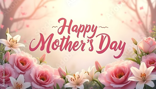 Happy mother's day lettering greeting card with blooming flowers roses, lilies and peonies around on background with blooming trees.	