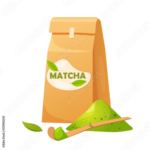 Matcha tea preparation with matcha packaging and powder near, bamboo spoon and plant leaves isolated on white background.