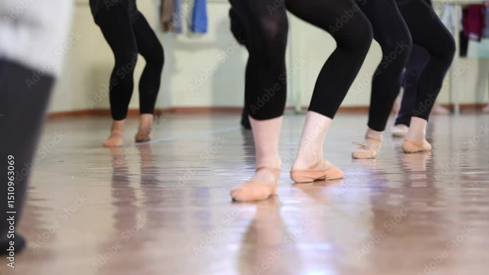 Close-up of dancers' feet in black pants and slippers, practicing elegant choreography on a polished studio floor. Their synchronized movements reflect dedication and grace in rehearsal. Close-up of dancers' feet in black pants and slippers, practicing elegant choreography on a polished studio floor. Their synchronized movements reflect dedication and grace in rehearsal.