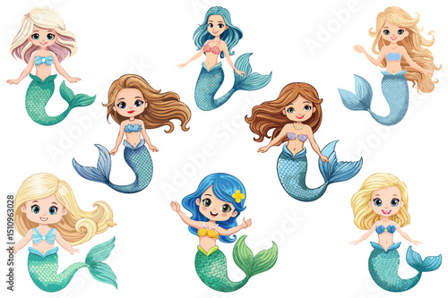 Mermaid, Mythical tale character, Little creature in water, underwater siren princess, set