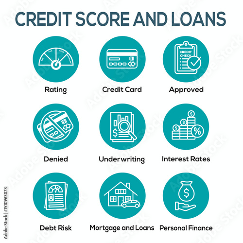 Credit Score and Loans Icon Set with Approved Credit Underwriting Interest Rates Debt Mortgage Refinance
