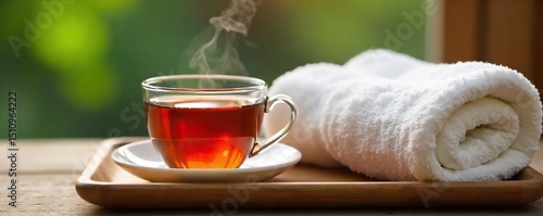 A steaming cup of tea sits beside a fluffy towel on a wooden tray, ready for a relaxing hot soak Perfect for spa, wellness, and self-care content , spa, wooden
