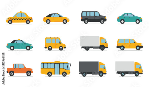 Flat cars. Cartoon vehicle side view. Taxi, minivan, mini car, suv and pickup truck. City auto transport icons. Automobile design vector set. City transportation objects isolated on white