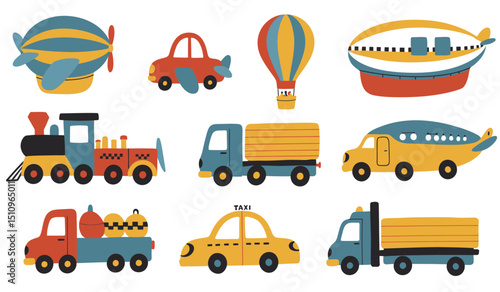 Flat cars. Cartoon vehicle side view. Taxi, minivan, mini car, suv and pickup truck. City auto transport icons. Automobile design vector set. City transportation objects isolated on white