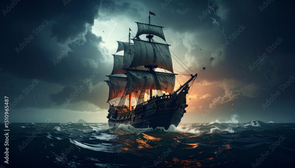 Fototapeta premium Epic Galleon Sailing Through a Dramatic Stormy Sea