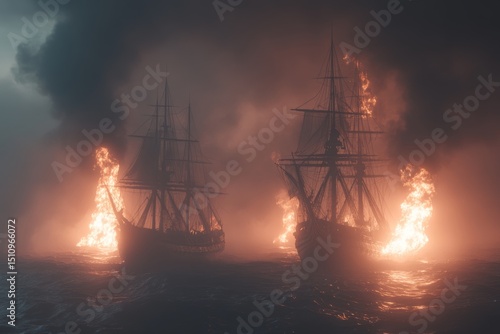 In the 16th century, a fierce ocean battle unfolds as sailing ships and galleons exchange gunfire, causing pirate boats to burn and fight