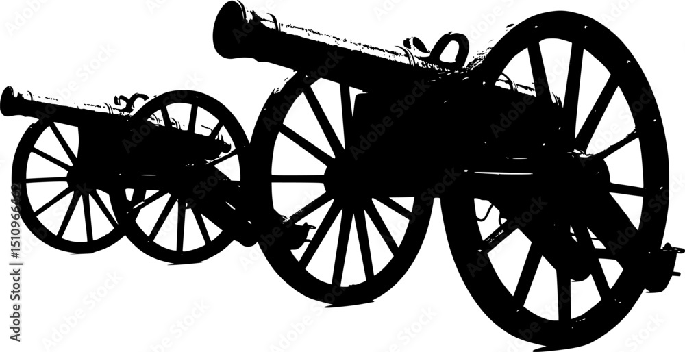 Fototapeta premium Ancient cannon on wheels isolated on white background 