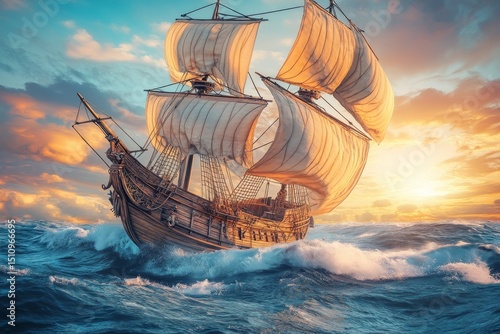 The high seas are home to a breathtaking sight of an ancient sailing ship reminiscent of the pirate age with enormous waves