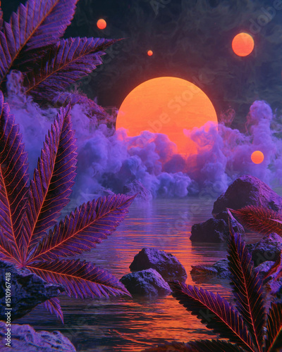 Illustration: gradient purple cannabis leaf and abstract aromas represented by smoke and spheres representing cannabis compounds. This is cannabis-themed art.