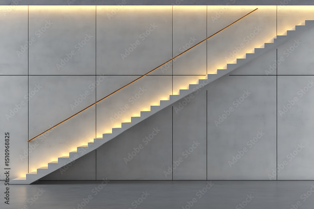 Fototapeta premium Modern staircase with under-step lighting and a simple handrail ascends against a panelled concrete wall in an empty room.