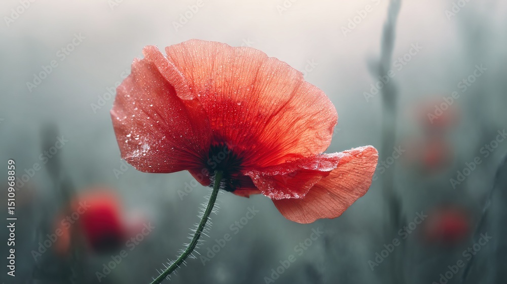 Obraz premium A zoom-in of a crimson blossom, adorned with droplets of moisture, set against a hazy backdrop of the sky