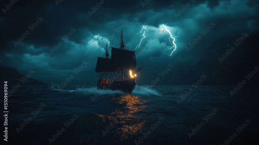 Fototapeta premium A massive storm with powerful lightning strikes and dark clouds engulfs an ancient sailing ship as it struggles through turbulent waters at night