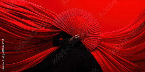 Flamenco elegance with red fan and flowing dress on red background, powerful minimalist concept