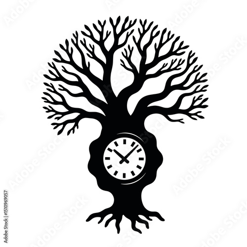 Stylized tree silhouette with clock integrated into the trunk  