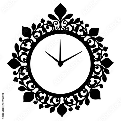 Decorative wall clock silhouette with floral design and hands  