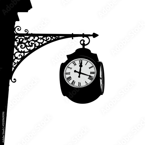 Vintage street clock hanging on ornate bracket against white background  