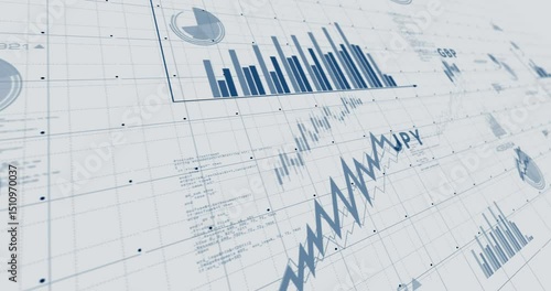Currencies world dollar euro yen and pound money charts and graphs diagram seamless and loopable on paper 3d concept animation