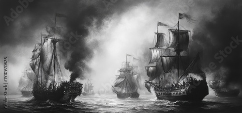 An unknown artist created the artwork published in Magasin Pittoresque Paris in 1848, which is an old, rough grayscale illustration of ancient warships escaping to the horizon