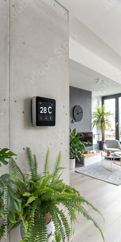 Smart thermostat on wall modern home climate control system temperature automation energy efficiency iot device