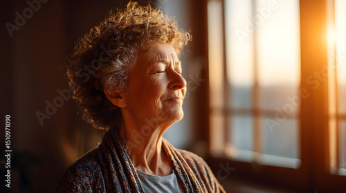 Peaceful senior woman with curly hair basking in the warm, golden glow of natural sunlight by a window, embracing a moment of calm and mindfulness at home, reflecting well-being