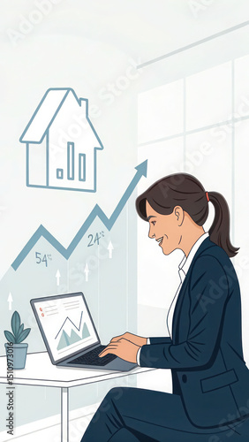 Real estate market analysis woman working on laptop with house price growth chart for investment strategy