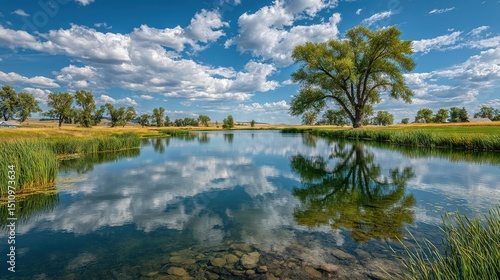   Lush green field surrounding a body of water with trees on both sides