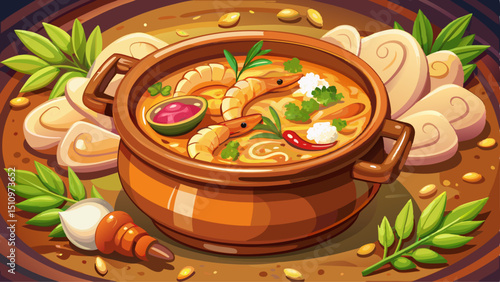 A beautifully plated shrimp curry with rice is served in a rustic clay pot, the rich golden curry sauce glistening with aromatic spices. Juicy shrimp nestle beside perfectly cooked rice, garnished wit