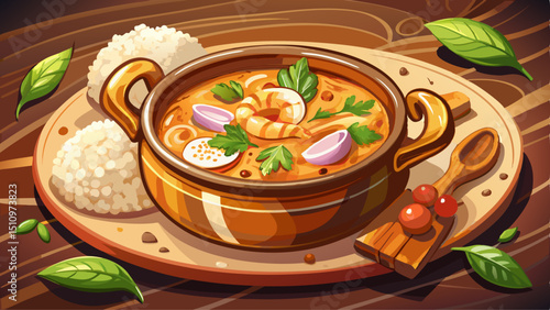 A beautifully plated shrimp curry with rice is served in a rustic clay pot, the rich golden curry sauce glistening with aromatic spices. Juicy shrimp nestle beside perfectly cooked rice, garnished wit