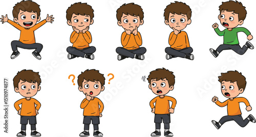 Cartoon boy showing various emotions and poses in different positions on a white background image