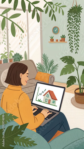 Woman analyzing real estate market trends online at home on laptop with plants and cozy interior