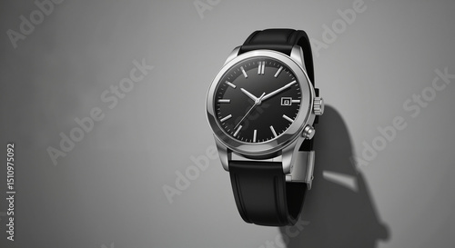 Stylish silver wristwatch with black dial and leather strap  