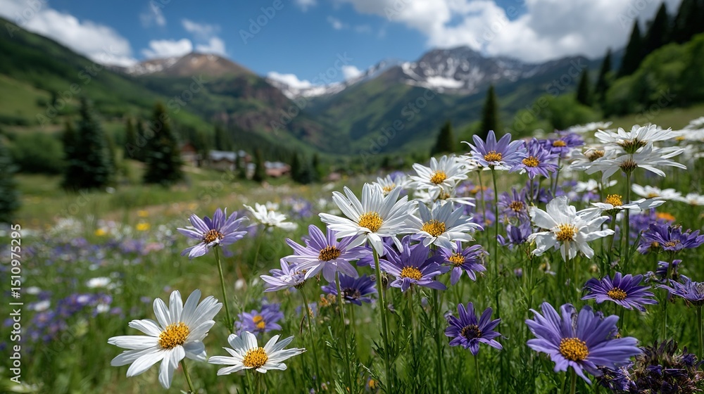 Fototapeta premium A field of purple and white flowers blooms in front of majestic snow-capped mountains