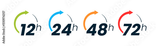 Set of 12, 24, 48 and 72 hour clocks with arrows on white background. Vector work time effect or delivery service time icon