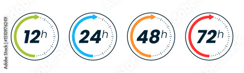 Set of 12, 24, 48 and 72 hour clocks with arrows on white background. Vector work time effect or delivery service time icon