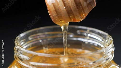 Close-up of golden honey slowly dripping in thick ribbons from a wooden dipper into a clear jar.

