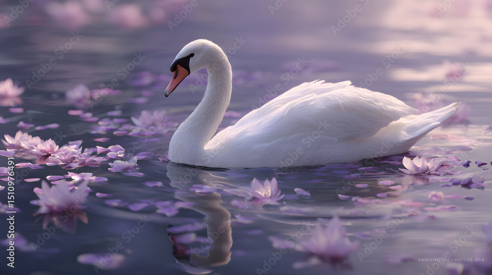 Fototapeta premium Elegant white swan gracefully swimming on a tranquil purple lake adorned with floating cherry blossom petals