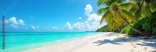 Sun-drenched white sand beach, turquoise ocean waves gently lapping the shore, lush palm trees swaying in the tropical breeze A perfect paradise getaway scene , dreamy, sand