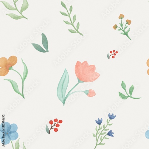 Seamless Watercolor Pattern with Wildflowers and Herbs on Off-White Background